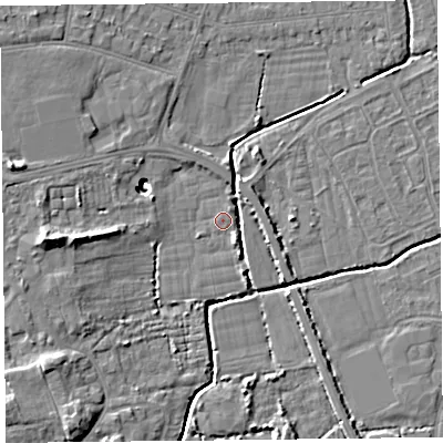 Shaded relief map of the ground around BS234PD, computed from Environment Agency LiDAR. The ground here sits at about 6 m above sea level and falls 12 m across the surrounding 800 m. Surface water reaching this point runs off ground lying to the west, 12.2 m higher.
