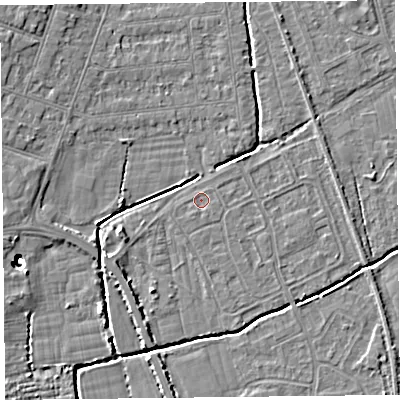 Shaded relief map of the ground around BS234PF, computed from Environment Agency LiDAR. The ground here sits at about 5 m above sea level and falls 8 m across the surrounding 800 m. Surface water reaching this point runs off ground lying to the south-south-west, 0.7 m higher.