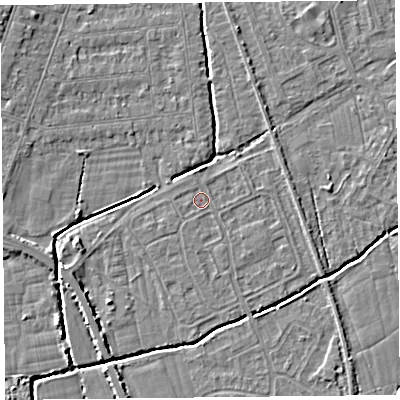 Shaded relief map of the ground around BS234PH, computed from Environment Agency LiDAR. The ground here sits at about 5 m above sea level and falls 4 m across the surrounding 800 m. Surface water reaching this point runs off ground lying to the south, 0.5 m higher.