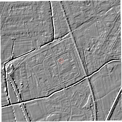 Shaded relief map of the ground around BS234PJ, computed from Environment Agency LiDAR. The ground here sits at about 5 m above sea level and falls 4 m across the surrounding 800 m. Surface water reaching this point runs off ground lying to the south-south-east, 0.7 m higher.