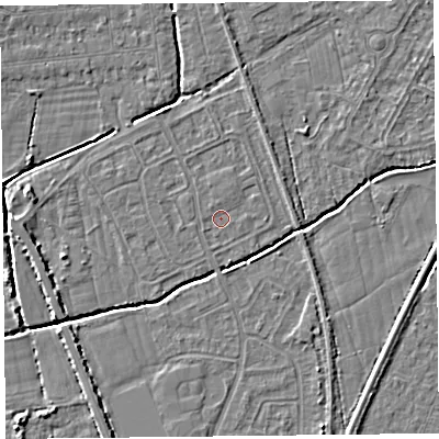 Shaded relief map of the ground around BS234PN, computed from Environment Agency LiDAR. The ground here sits at about 5 m above sea level and falls 4 m across the surrounding 800 m. Surface water reaching this point runs off ground lying to the north-west, 0.5 m higher.