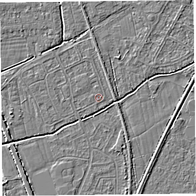 Shaded relief map of the ground around BS234PP, computed from Environment Agency LiDAR. The ground here sits at about 5 m above sea level and falls 4 m across the surrounding 800 m. Surface water reaching this point runs off ground lying to the south-south-west, 0.8 m higher.