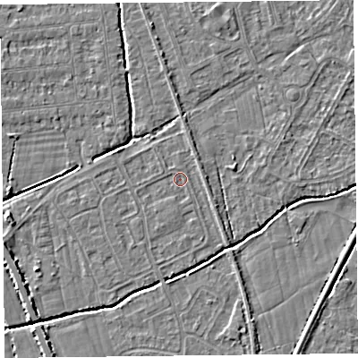Shaded relief map of the ground around BS234PR, computed from Environment Agency LiDAR. The ground here sits at about 5 m above sea level and falls 4 m across the surrounding 800 m. Surface water reaching this point runs off ground lying to the south-west, 0.7 m higher.