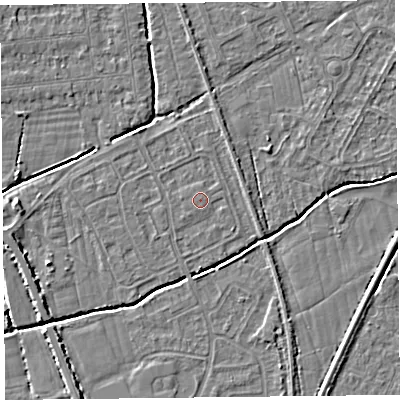 Shaded relief map of the ground around BS234PS, computed from Environment Agency LiDAR. The ground here sits at about 6 m above sea level and falls 4 m across the surrounding 800 m. Surface water reaching this point runs off ground lying to the south-west, 0.6 m higher.