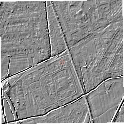 Shaded relief map of the ground around BS234PT, computed from Environment Agency LiDAR. The ground here sits at about 5 m above sea level and falls 4 m across the surrounding 800 m. Surface water reaching this point runs off ground lying to the south, 0.5 m higher.