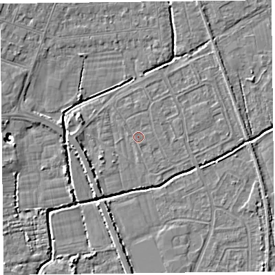 Shaded relief map of the ground around BS234QA, computed from Environment Agency LiDAR. The ground here sits at about 5 m above sea level and falls 8 m across the surrounding 800 m. Surface water reaching this point runs off ground lying to the west-south-west, 2.4 m higher.