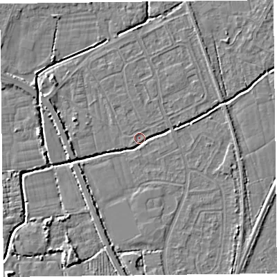 Shaded relief map of the ground around BS234QB, computed from Environment Agency LiDAR. The ground here sits at about 5 m above sea level and falls 5 m across the surrounding 800 m. Surface water reaching this point runs off ground lying to the south, 2.2 m higher.