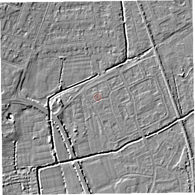 Shaded relief map of the ground around BS234QD, computed from Environment Agency LiDAR. The ground here sits at about 5 m above sea level and falls 8 m across the surrounding 800 m. The ground contributing surface water to this point lies to the west-south-west.