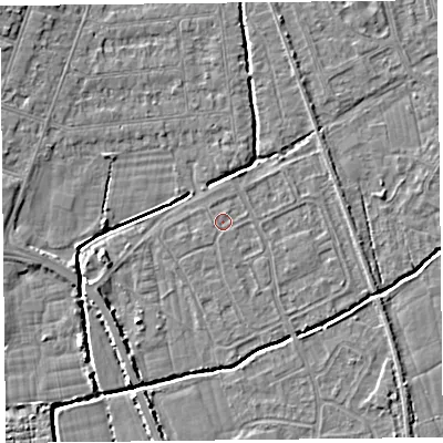 Shaded relief map of the ground around BS234QG, computed from Environment Agency LiDAR. The ground here sits at about 5 m above sea level and falls 5 m across the surrounding 800 m. The ground contributing surface water to this point lies to the south.