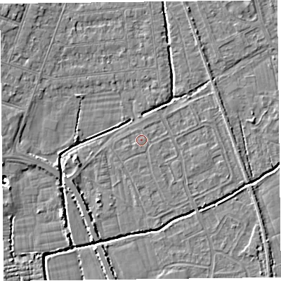 Shaded relief map of the ground around BS234QH, computed from Environment Agency LiDAR. The ground here sits at about 5 m above sea level and falls 8 m across the surrounding 800 m. The ground contributing surface water to this point lies to the south.
