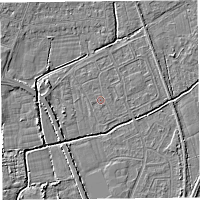 Shaded relief map of the ground around BS234QN, computed from Environment Agency LiDAR. The ground here sits at about 5 m above sea level and falls 4 m across the surrounding 800 m. The ground contributing surface water to this point lies to the south.