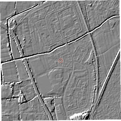 Shaded relief map of the ground around BS234QP, computed from Environment Agency LiDAR. The ground here sits at about 5 m above sea level and falls 9 m across the surrounding 800 m. Surface water reaching this point runs off ground lying to the west-south-west, 0.6 m higher.