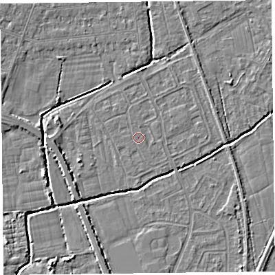 Shaded relief map of the ground around BS234QQ, computed from Environment Agency LiDAR. The ground here sits at about 5 m above sea level and falls 4 m across the surrounding 800 m. The ground contributing surface water to this point lies to the south-south-west.