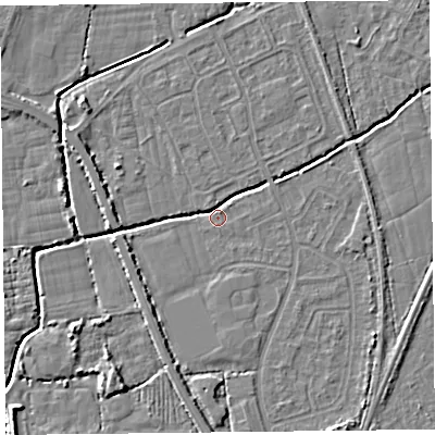 Shaded relief map of the ground around BS234QR, computed from Environment Agency LiDAR. The ground here sits at about 5 m above sea level and falls 5 m across the surrounding 800 m. Surface water reaching this point runs off ground lying to the north-west, 2.3 m higher.