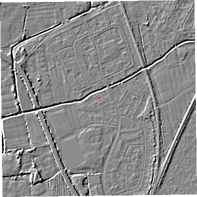 Shaded relief map of the ground around BS234QS, computed from Environment Agency LiDAR. The ground here sits at about 5 m above sea level and falls 5 m across the surrounding 800 m. Surface water reaching this point runs off ground lying to the south-south-west, 0.6 m higher.
