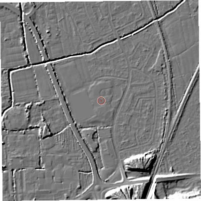 Shaded relief map of the ground around BS234QU, computed from Environment Agency LiDAR. The ground here sits at about 6 m above sea level and falls 13 m across the surrounding 800 m. The ground contributing surface water to this point lies to the north-west.