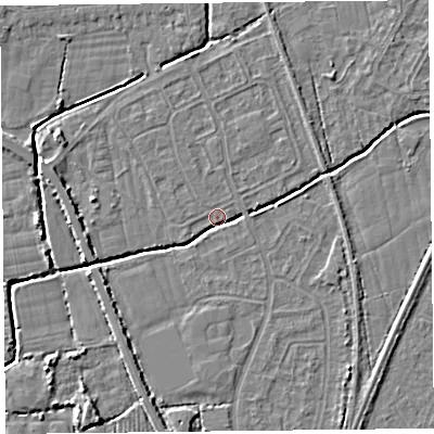 Shaded relief map of the ground around BS234QW, computed from Environment Agency LiDAR. The ground here sits at about 5 m above sea level and falls 5 m across the surrounding 800 m. Surface water reaching this point runs off ground lying to the west-south-west, 2.2 m higher.
