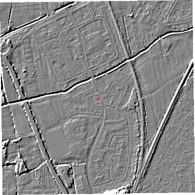 Shaded relief map of the ground around BS234QX, computed from Environment Agency LiDAR. The ground here sits at about 5 m above sea level and falls 8 m across the surrounding 800 m. Surface water reaching this point runs off ground lying to the south-south-west, 1.1 m higher.