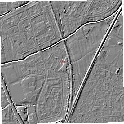 Shaded relief map of the ground around BS234QZ, computed from Environment Agency LiDAR. The ground here sits at about 5 m above sea level and falls 5 m across the surrounding 800 m. Surface water reaching this point runs off ground lying to the south-south-east, 2.1 m higher.