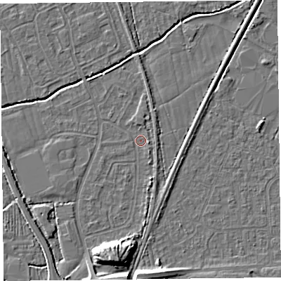 Shaded relief map of the ground around BS234RB, computed from Environment Agency LiDAR. The ground here sits at about 5 m above sea level and falls 9 m across the surrounding 800 m. Surface water reaching this point runs off ground lying to the south-south-east, 2.0 m higher.