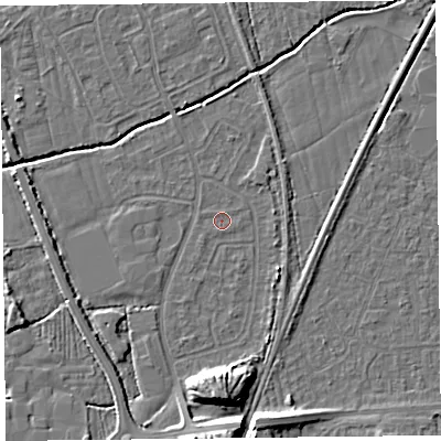 Shaded relief map of the ground around BS234RD, computed from Environment Agency LiDAR. The ground here sits at about 5 m above sea level and falls 9 m across the surrounding 800 m. The ground contributing surface water to this point lies to the south.