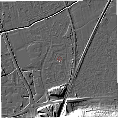 Shaded relief map of the ground around BS234RE, computed from Environment Agency LiDAR. The ground here sits at about 5 m above sea level and falls 25 m across the surrounding 800 m. Surface water reaching this point runs off ground lying to the south-south-east, 0.6 m higher.