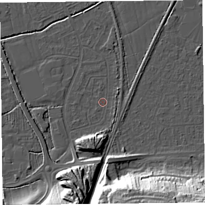 Shaded relief map of the ground around BS234RF, computed from Environment Agency LiDAR. The ground here sits at about 5 m above sea level and falls 31 m across the surrounding 800 m. Surface water reaching this point runs off ground lying to the north-east, 1.8 m higher.