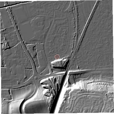Shaded relief map of the ground around BS234RG, computed from Environment Agency LiDAR. The ground here sits at about 5 m above sea level and falls 40 m across the surrounding 800 m. Surface water reaching this point runs off ground lying to the south-south-east, 7.6 m higher.