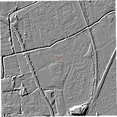 Shaded relief map of the ground around BS234RL, computed from Environment Agency LiDAR. The ground here sits at about 5 m above sea level and falls 9 m across the surrounding 800 m. Surface water reaching this point runs off ground lying to the north-west, 0.5 m higher.