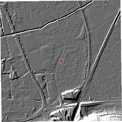 Shaded relief map of the ground around BS234RN, computed from Environment Agency LiDAR. The ground here sits at about 6 m above sea level and falls 24 m across the surrounding 800 m. Surface water reaching this point runs off ground lying to the south, 8.7 m higher.