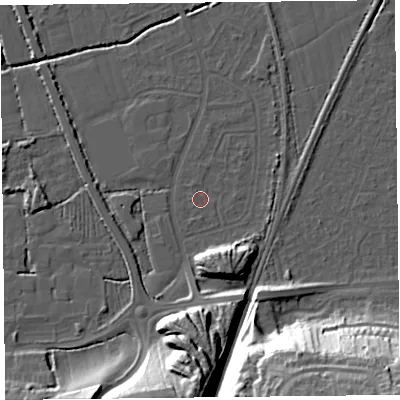 Shaded relief map of the ground around BS234RQ, computed from Environment Agency LiDAR. The ground here sits at about 6 m above sea level and falls 34 m across the surrounding 800 m. Surface water reaching this point runs off ground lying to the east, 0.6 m higher.