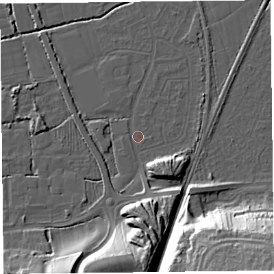 Shaded relief map of the ground around BS234RW, computed from Environment Agency LiDAR. The ground here sits at about 6 m above sea level and falls 35 m across the surrounding 800 m. Surface water reaching this point runs off ground lying to the south-south-east, 8.3 m higher.