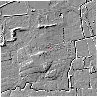 Shaded relief map of the ground around BS234SD, computed from Environment Agency LiDAR. The ground here sits at about 7 m above sea level and falls 14 m across the surrounding 800 m. Surface water reaching this point runs off ground lying to the north-north-west, 5.3 m higher.