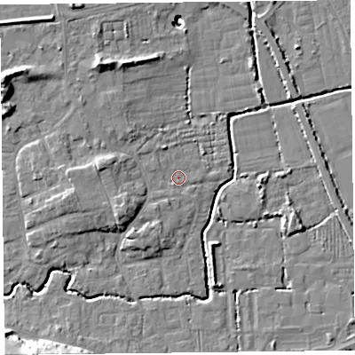 Shaded relief map of the ground around BS234SF, computed from Environment Agency LiDAR. The ground here sits at about 6 m above sea level and falls 22 m across the surrounding 800 m. Surface water reaching this point runs off ground lying to the north-west, 6.4 m higher.