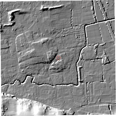 Shaded relief map of the ground around BS234SG, computed from Environment Agency LiDAR. The ground here sits at about 7 m above sea level and falls 37 m across the surrounding 800 m. Surface water reaching this point runs off ground lying to the south-south-west, 1.9 m higher.
