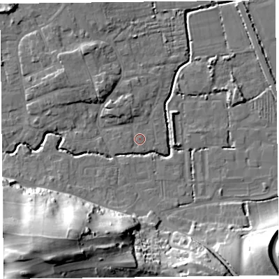 Shaded relief map of the ground around BS234SH, computed from Environment Agency LiDAR. The ground here sits at about 6 m above sea level and falls 42 m across the surrounding 800 m. Surface water reaching this point runs off ground lying to the north-north-west, 3.2 m higher.