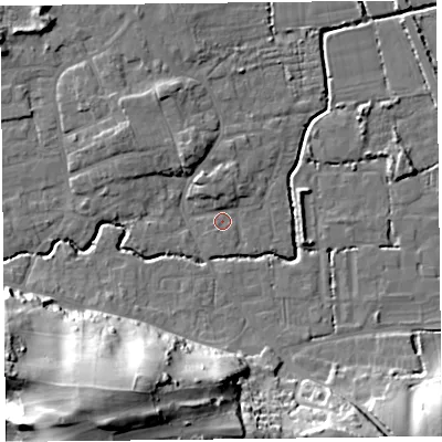 Shaded relief map of the ground around BS234SL, computed from Environment Agency LiDAR. The ground here sits at about 6 m above sea level and falls 42 m across the surrounding 800 m. Surface water reaching this point runs off ground lying to the north-north-west, 2.9 m higher.