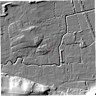 Shaded relief map of the ground around BS234SN, computed from Environment Agency LiDAR. The ground here sits at about 8 m above sea level and falls 40 m across the surrounding 800 m. Surface water reaching this point runs off ground lying to the west, 1.3 m higher.