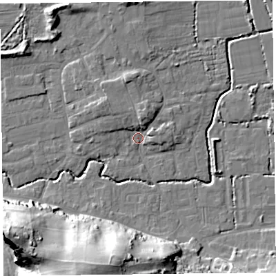 Shaded relief map of the ground around BS234SQ, computed from Environment Agency LiDAR. The ground here sits at about 6 m above sea level and falls 41 m across the surrounding 800 m. Surface water reaching this point runs off ground lying to the north, 4.7 m higher.