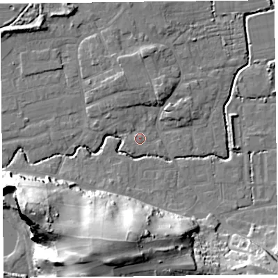 Shaded relief map of the ground around BS234SS, computed from Environment Agency LiDAR. The ground here sits at about 6 m above sea level and falls 42 m across the surrounding 800 m. Surface water reaching this point runs off ground lying to the north, 4.1 m higher.