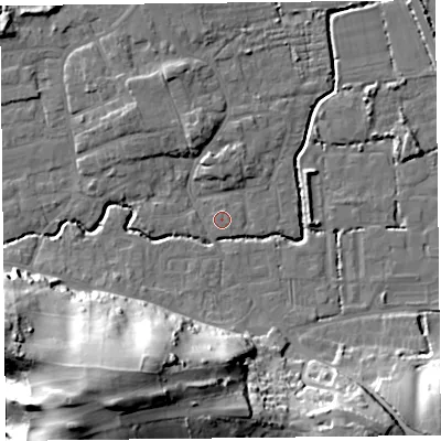 Shaded relief map of the ground around BS234ST, computed from Environment Agency LiDAR. The ground here sits at about 6 m above sea level and falls 42 m across the surrounding 800 m. Surface water reaching this point runs off ground lying to the north-north-east, 0.6 m higher.