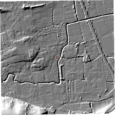Shaded relief map of the ground around BS234SW, computed from Environment Agency LiDAR. The ground here sits at about 6 m above sea level and falls 37 m across the surrounding 800 m. Surface water reaching this point runs off ground lying to the south-west, 34.0 m higher.