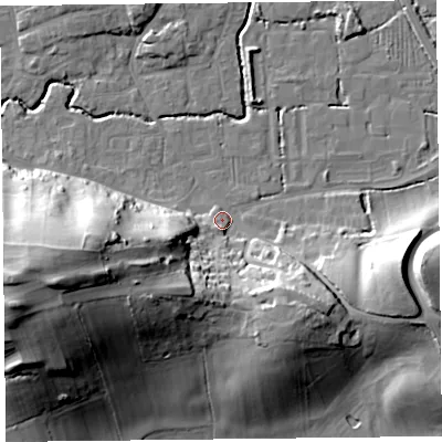 Shaded relief map of the ground around BS234TA, computed from Environment Agency LiDAR. The ground here sits at about 8 m above sea level and falls 42 m across the surrounding 800 m. Surface water reaching this point runs off ground lying to the west-south-west, 37.3 m higher.