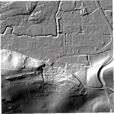 Shaded relief map of the ground around BS234TD, computed from Environment Agency LiDAR. The ground here sits at about 6 m above sea level and falls 41 m across the surrounding 800 m. Surface water reaching this point runs off ground lying to the south-south-west, 20.1 m higher.