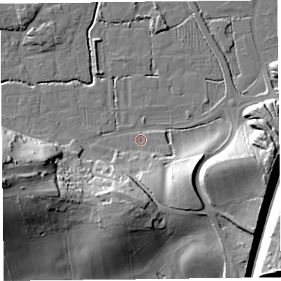 Shaded relief map of the ground around BS234TE, computed from Environment Agency LiDAR. The ground here sits at about 6 m above sea level and falls 35 m across the surrounding 800 m. Surface water reaching this point runs off ground lying to the south-east, 17.9 m higher.