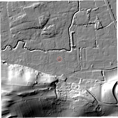 Shaded relief map of the ground around BS234TG, computed from Environment Agency LiDAR. The ground here sits at about 6 m above sea level and falls 42 m across the surrounding 800 m. Surface water reaching this point runs off ground lying to the south-west, 38.9 m higher.