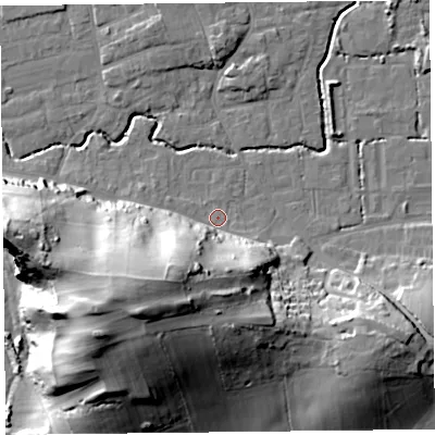 Shaded relief map of the ground around BS234TH, computed from Environment Agency LiDAR. The ground here sits at about 7 m above sea level and falls 42 m across the surrounding 800 m. Surface water reaching this point runs off ground lying to the south-west, 34.1 m higher.