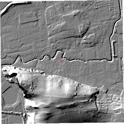 Shaded relief map of the ground around BS234TL, computed from Environment Agency LiDAR. The ground here sits at about 6 m above sea level and falls 42 m across the surrounding 800 m. Surface water reaching this point runs off ground lying to the south, 40.4 m higher.