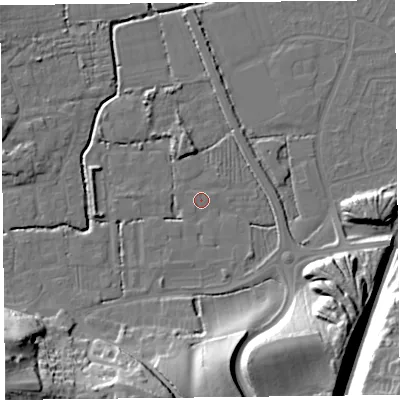 Shaded relief map of the ground around BS234TQ, computed from Environment Agency LiDAR. The ground here sits at about 6 m above sea level and falls 29 m across the surrounding 800 m. Surface water reaching this point runs off ground lying to the south-east, 1.5 m higher.