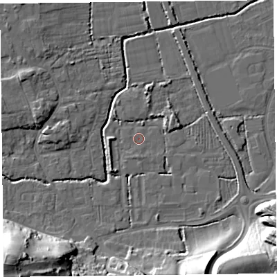 Shaded relief map of the ground around BS234TS, computed from Environment Agency LiDAR. The ground here sits at about 6 m above sea level and falls 37 m across the surrounding 800 m. Surface water reaching this point runs off ground lying to the east-north-east, 3.3 m higher.